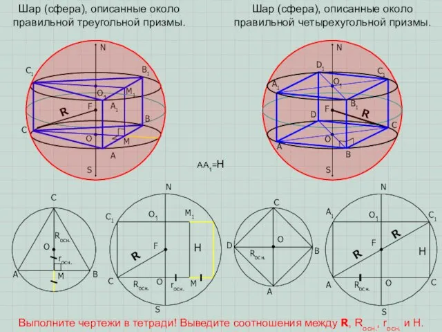 R R Шар (сфера), описанные около правильной треугольной призмы. Шар (сфера), описанные