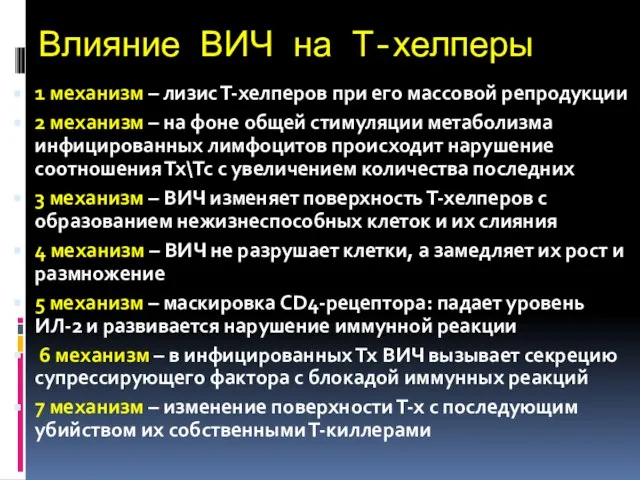 Влияние ВИЧ на Т-хелперы 1 механизм – лизис Т-хелперов при его массовой