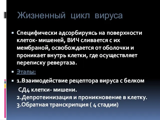 Жизненный цикл вируса Специфически адсорбируясь на поверхности клеток- мишеней, ВИЧ сливается с