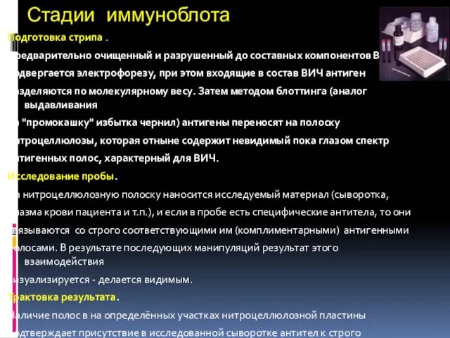 Стадии иммуноблота Подготовка стрипа . Предварительно очищенный и разрушенный до составных компонентов