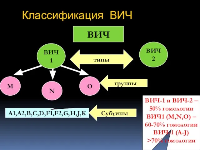 Классификация ВИЧ ВИЧ ВИЧ 1 ВИЧ 2 типы M N O группы