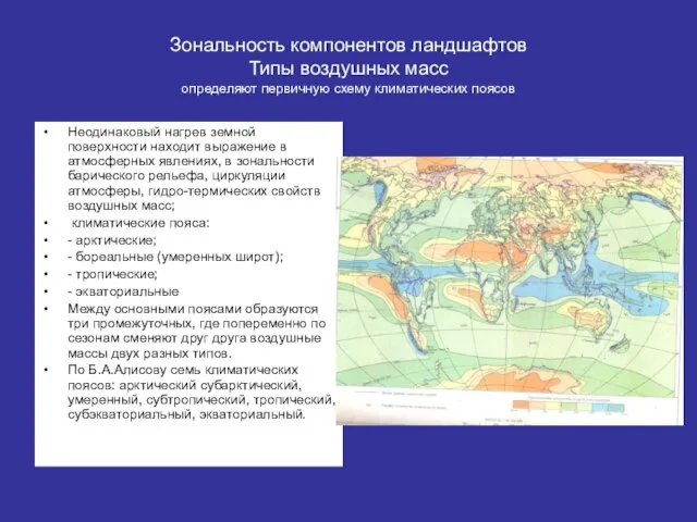 Зональность компонентов ландшафтов Типы воздушных масс определяют первичную схему климатических поясов Неодинаковый