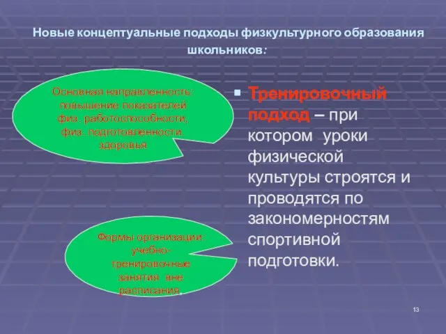 Новые концептуальные подходы физкультурного образования школьников: Тренировочный подход – при котором уроки