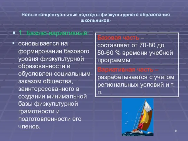 Новые концептуальные подходы физкультурного образования школьников: 1. Базово-вариативный: основывается на формировании базового