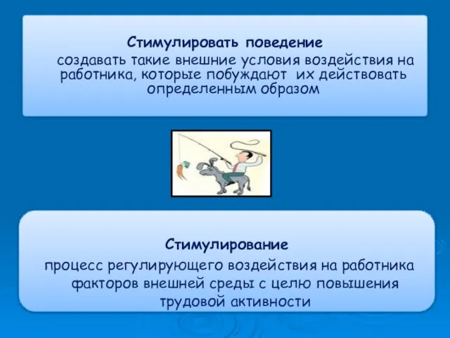 Стимулировать поведение создавать такие внешние условия воздействия на работника, которые побуждают их