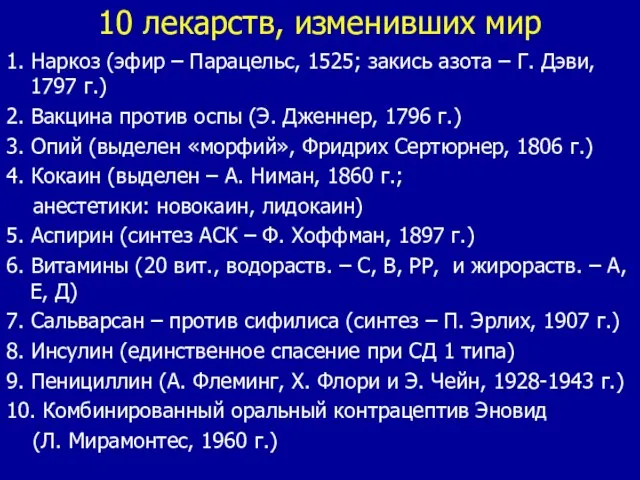 10 лекарств, изменивших мир 1. Наркоз (эфир – Парацельс, 1525; закись азота