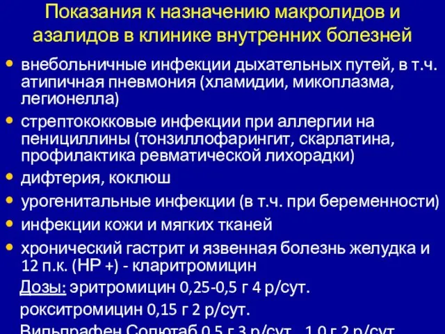 Показания к назначению макролидов и азалидов в клинике внутренних болезней внебольничные инфекции