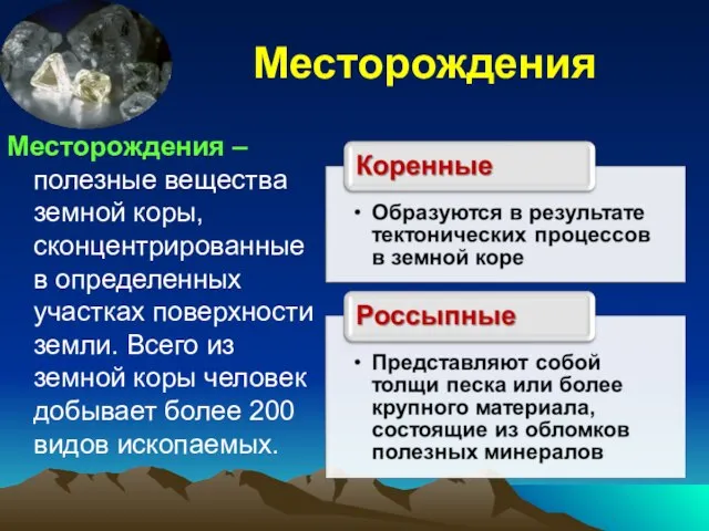 Месторождения Месторождения – полезные вещества земной коры, сконцентрированные в определенных участках поверхности