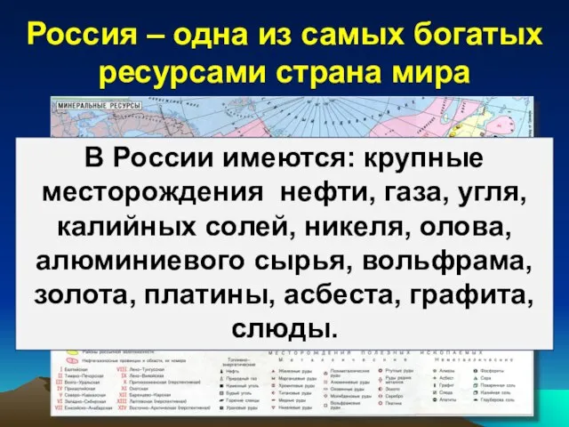 Россия – одна из самых богатых ресурсами страна мира В России имеются: