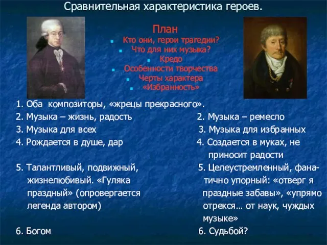 Сравнительная характеристика героев. План Кто они, герои трагедии? Что для них музыка?