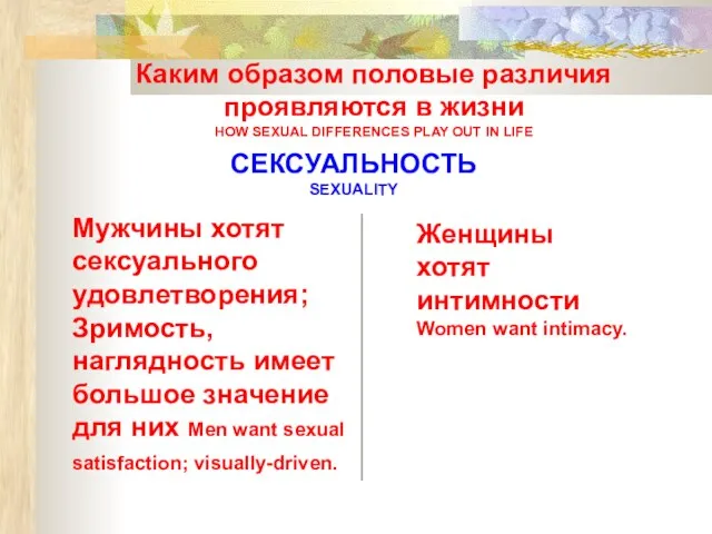 Каким образом половые различия проявляются в жизни HOW SEXUAL DIFFERENCES PLAY OUT