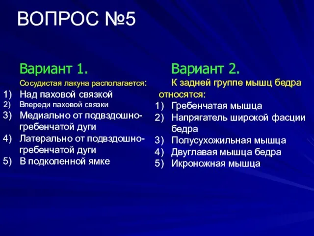 ВОПРОС №5 Вариант 1. Сосудистая лакуна располагается: Над паховой связкой Впереди паховой