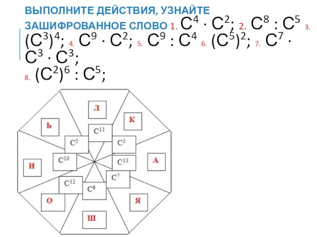 ВЫПОЛНИТЕ ДЕЙСТВИЯ, УЗНАЙТЕ ЗАШИФРОВАННОЕ СЛОВО 1. С4 ∙ С2; 2. С8 :