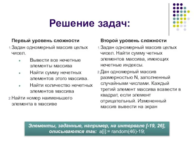 Решение задач: Первый уровень сложности Задан одномерный массив целых чисел. Вывести все