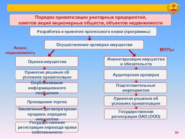 Разработка и принятие прогнозного плана (программы) Осуществление проверки имущества Оценка имущества Принятие