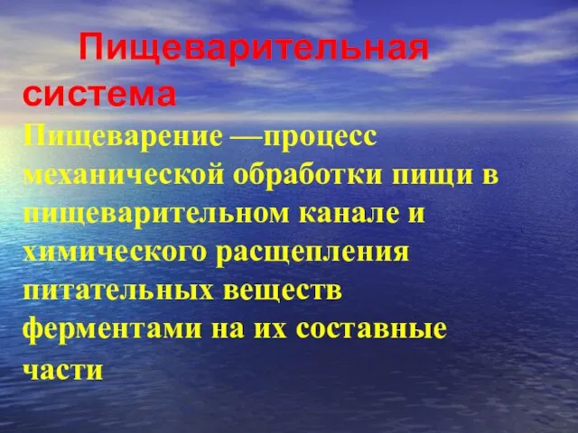 Пищеварительная система Пищеварение —процесс механической обработки пищи в пищеварительном канале и химического