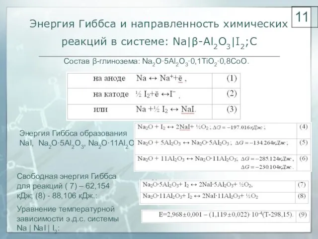 Энергия Гиббса и направленность химических реакций в системе: Na|β-Аl2O3|I2;С Состав β-глинозема: Na2O·5Al2O3·0,1TiO2·0,8CoO.