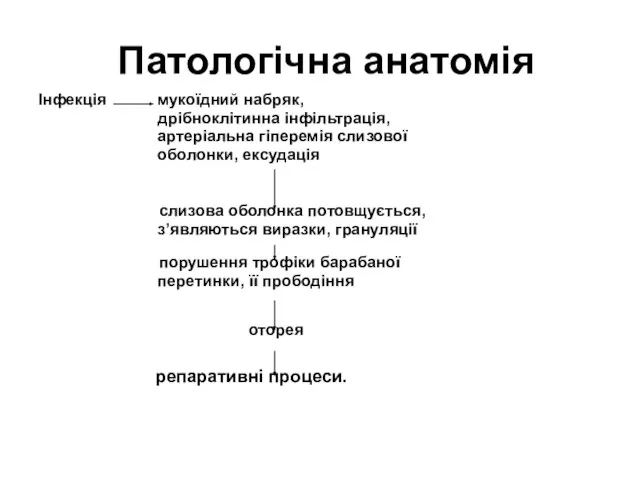 Патологічна анатомія Інфекція мукоїдний набряк, дрібноклітинна інфільтрація, артеріальна гіперемія слизoвої оболонки, ексудація