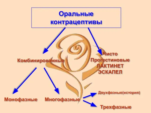 Оральные контрацептивы Комбинированные Чисто Прогестиновые ЛАКТИНЕТ ЭСКАПЕЛ Монофазные Многофазные Двухфазные(история) Трехфазные