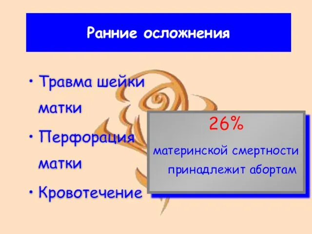 Ранние осложнения Травма шейки матки Перфорация матки Кровотечение 26% материнской смертности принадлежит абортам