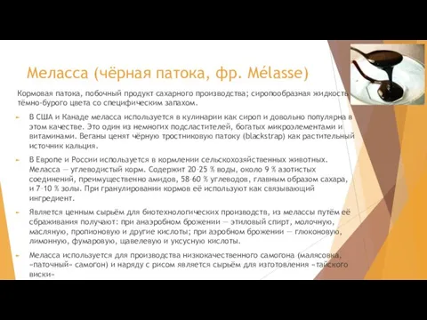 Меласса (чёрная патока, фр. Mélasse) Кормовая патока, побочный продукт сахарного производства; сиропообразная