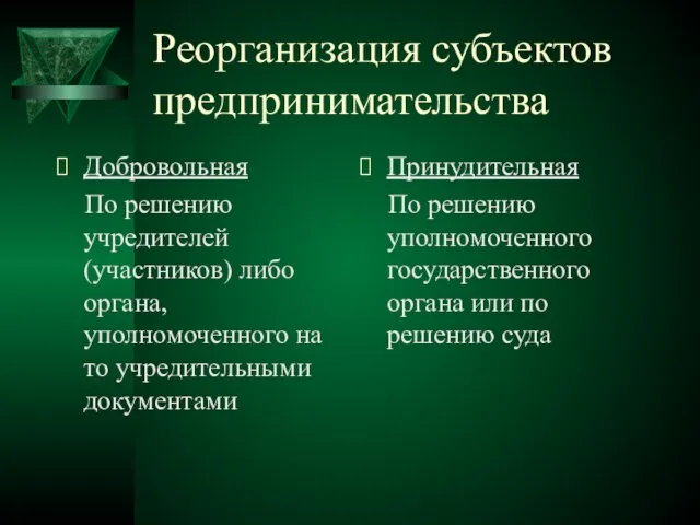 Реорганизация субъектов предпринимательства Добровольная По решению учредителей (участников) либо органа, уполномоченного на