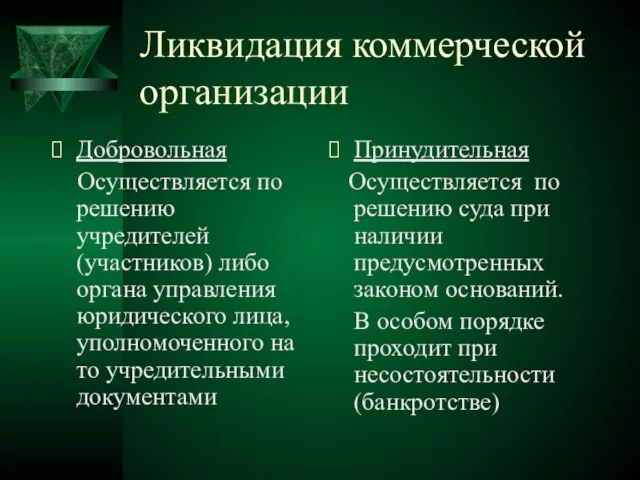 Ликвидация коммерческой организации Добровольная Осуществляется по решению учредителей (участников) либо органа управления