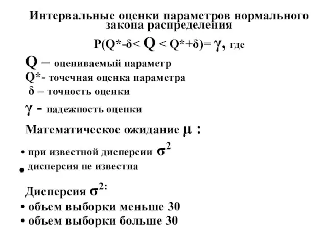 Интервальные оценки параметров нормального закона распределения Р(Q*-δ Q – оцениваемый параметр Q*-