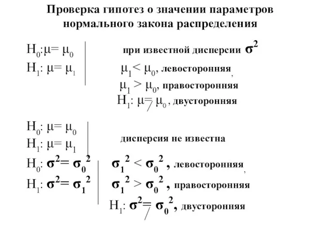 Проверка гипотез о значении параметров нормального закона распределения Н0:μ= μ0 при известной