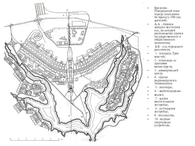 Бразилиа. Генеральный план города (население по проекту 500 тыс. жителей): А-А -