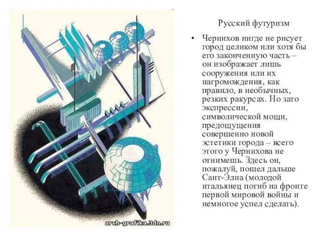 Русский футуризм Чернихов нигде не рисует город целиком или хотя бы его