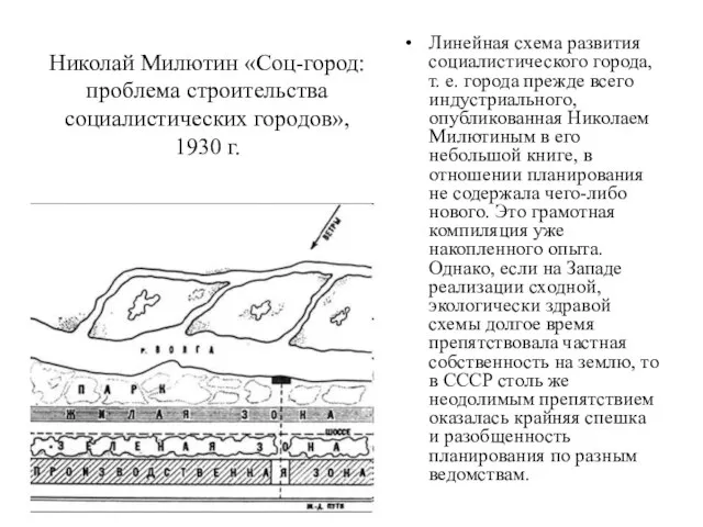 Николай Милютин «Соц-город: проблема строительства социалистических городов», 1930 г. Линейная схема развития