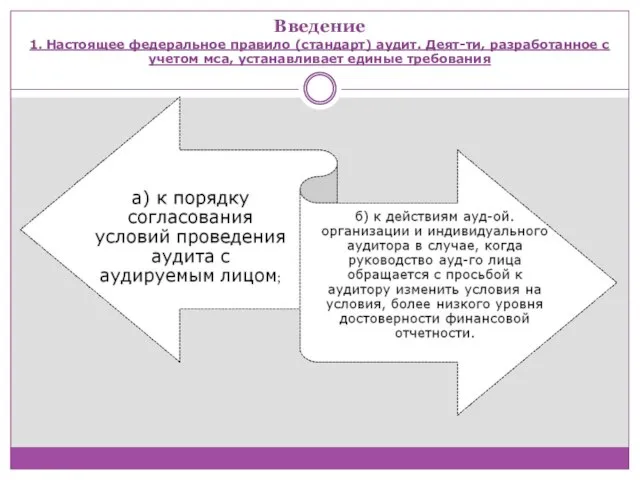 Введение 1. Настоящее федеральное правило (стандарт) аудит. Деят-ти, разработанное с учетом мса, устанавливает единые требования