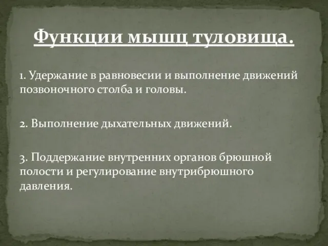 1. Удержание в равновесии и выполнение движений позвоночного столба и головы. 2.