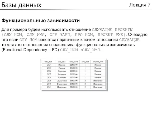 Базы данных Функциональные зависимости Лекция 7 Для примера будем использовать отношение СЛУЖАЩИЕ_ПРОЕКТЫ