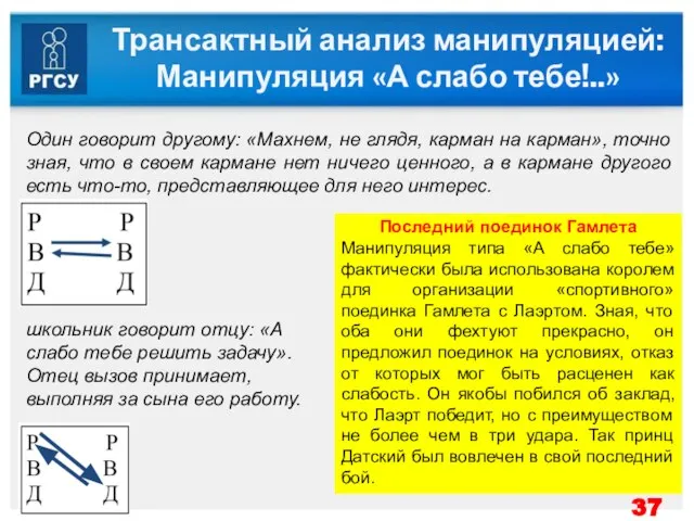 Трансактный анализ манипуляцией: Манипуляция «А слабо тебе!..» Один говорит другому: «Махнем, не