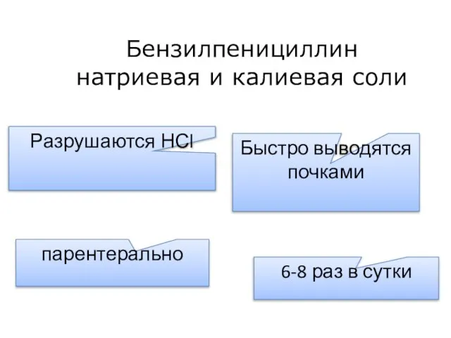 Бензилпенициллин натриевая и калиевая соли Разрушаются НСl Быстро выводятся почками парентерально 6-8 раз в сутки