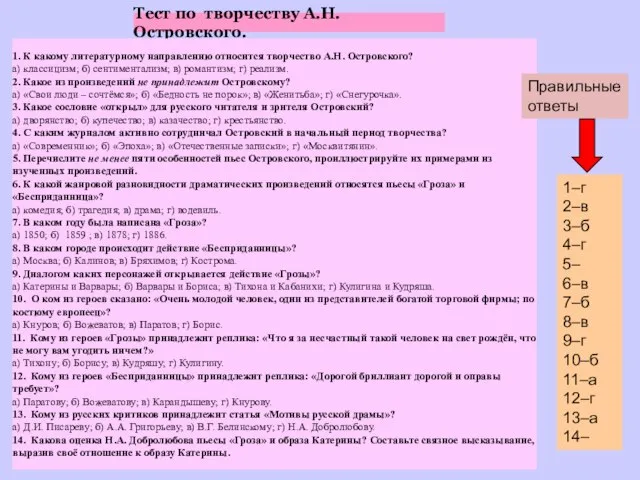 Тест по творчеству А.Н. Островского. 1. К какому литературному направлению относится творчество