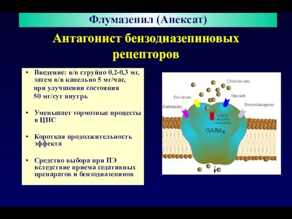 Антагонист бензодиазепиновых рецепторов Введение: в/в струйно 0,2-0,3 мг, затем в/в капельно 5