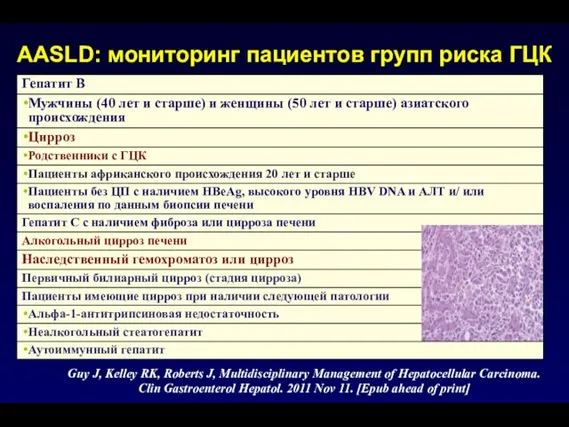 AASLD: мониторинг пациентов групп риска ГЦК Guy J, Kelley RK, Roberts J,