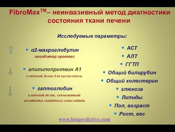 FibroMaxTM– неинвазивный метод диагностики состояния ткани печени Исследуемые параметры: α2-макроглобулин ингибитор протеаз