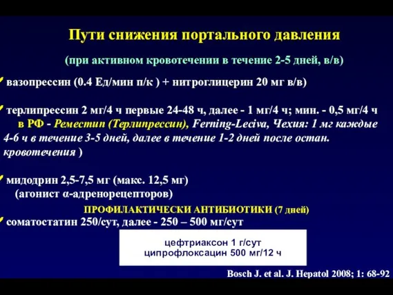 Пути снижения портального давления (при активном кровотечении в течение 2-5 дней, в/в)