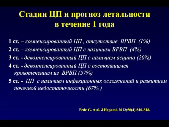 Стадии ЦП и прогноз летальности в течение 1 года 1 ст. –