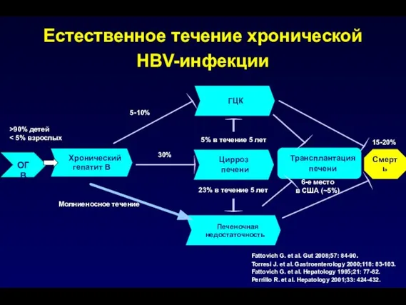 Естественное течение хронической HBV-инфекции Fattovich G. et al. Gut 2008;57: 84-90. Torresi