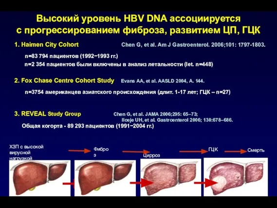 Высокий уровень HBV DNA ассоциируется с прогрессированием фиброза, развитием ЦП, ГЦК 1.