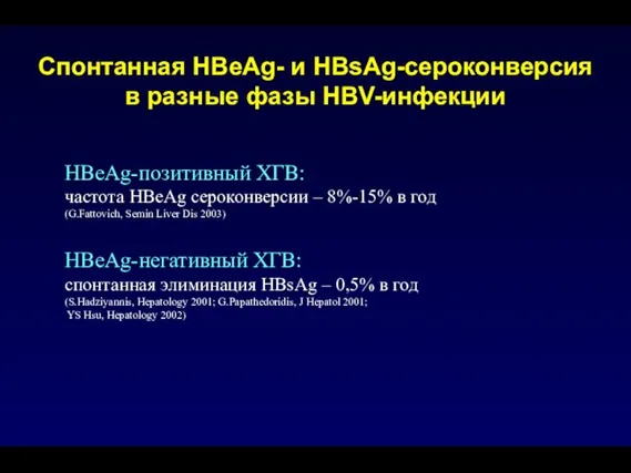 Спонтанная HBeAg- и HBsAg-сероконверсия в разные фазы HBV-инфекции HBeAg-позитивный ХГВ: частота HBeAg