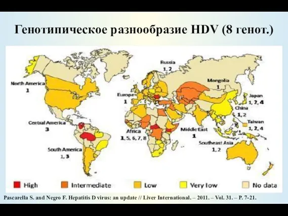 Генотипическое разнообразие HDV (8 генот.) Pascarella S. and Negro F. Hepatitis D