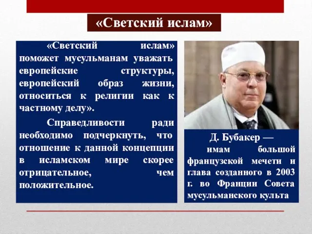 «Светский ислам» «Светский ислам» поможет мусульманам уважать европейские структуры, европейский образ жизни,