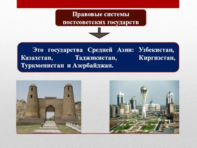 Это государства Средней Азии: Узбекистан, Казахстан, Таджикистан, Киргизстан, Туркменистан и Азербайджан. Правовые системы постсоветских государств