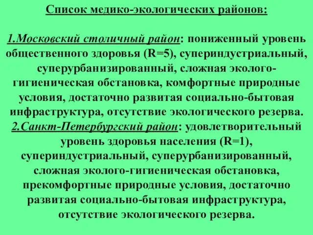 Список медико-экологических районов: 1.Московский cтоличный район: пониженный уровень общественного здоровья (R=5), супериндустриальный,